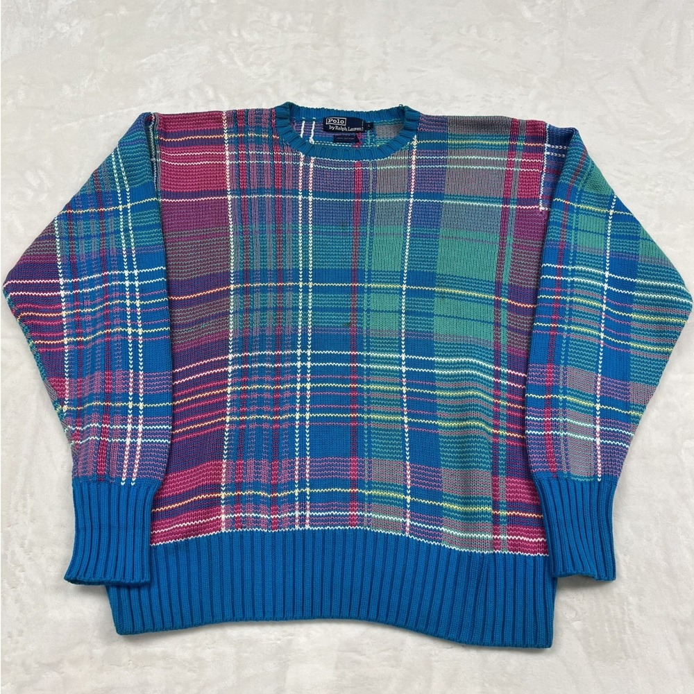 Polo Ralph Lauren Plaid Sweater Mens Large Blue Multi Color Knit Crewneck